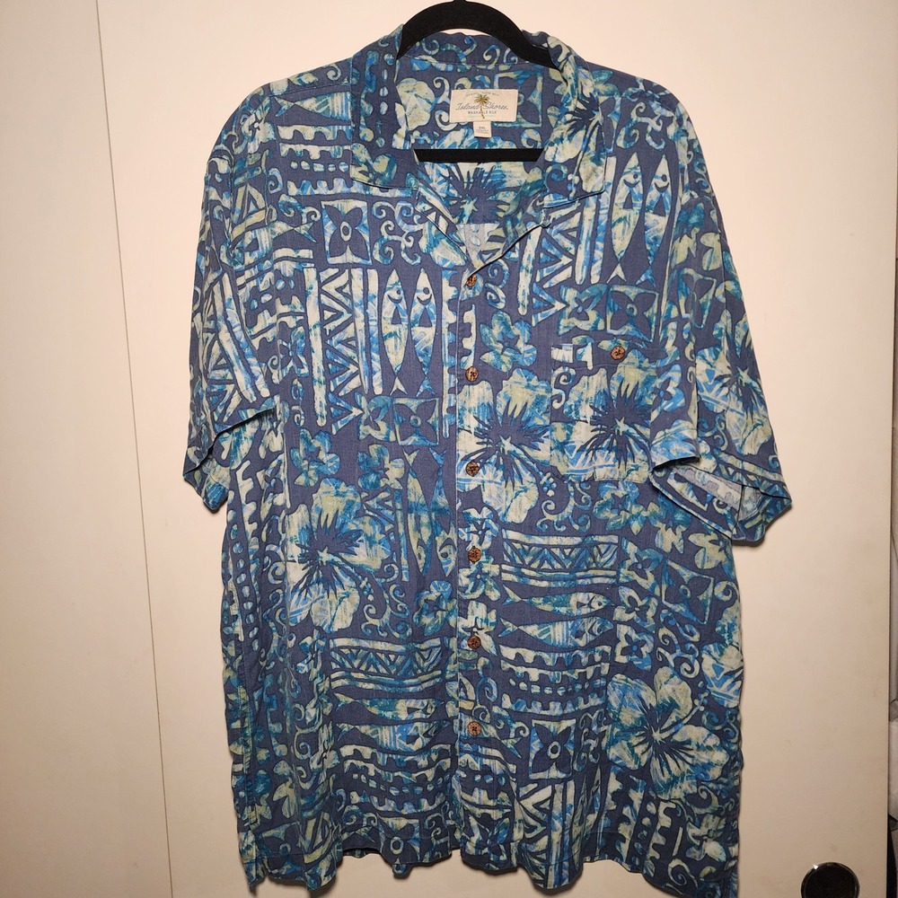 Island Shores Shirt Men XXL Blue Silk Excellent Floral Tribal Batik Aloha Button